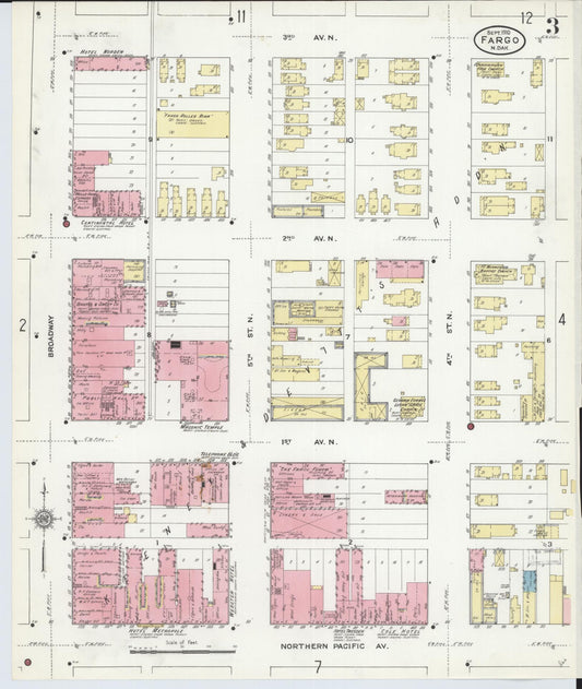 Sanborn Fire Insurance Map from Fargo, Cass County, North Dakota (1910), Sheet #0003 - Historic Sanborn Fire Insurance Map Print, vintage old map wall art, antique decor, genealogy gift, North Dakota North Dakota map