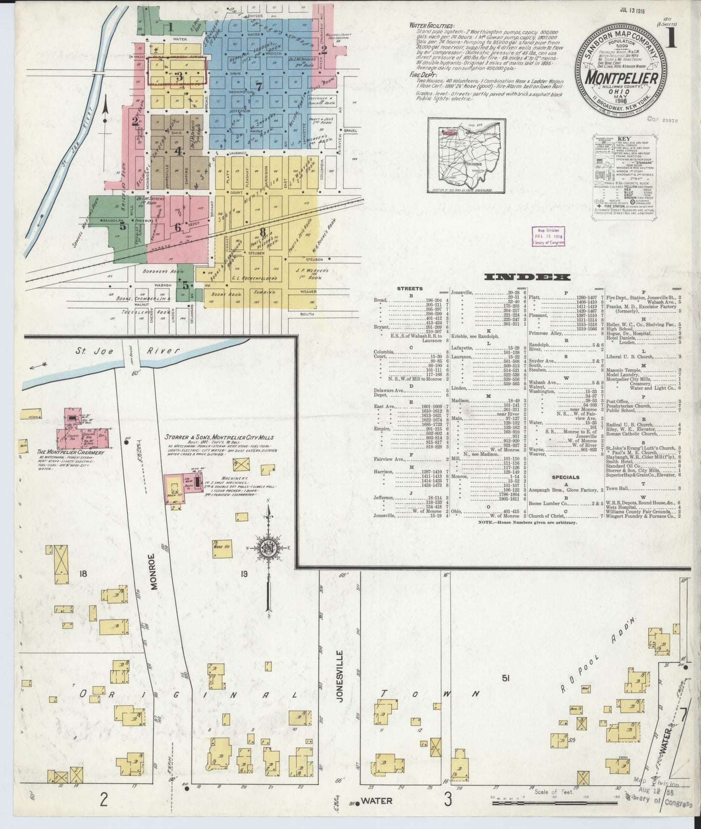 Sanborn Fire Insurance Map from Montpelier, Williams County, Ohio (1916), Sheet #0001 - Historic Sanborn Fire Insurance Map Print, vintage old map wall art, antique decor, genealogy gift, Ohio Ohio map