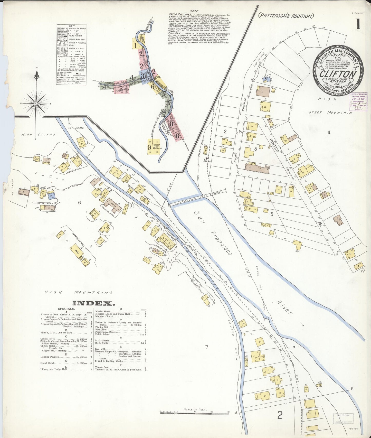 Sanborn Fire Insurance Map from Clifton, Greenlee County, Arizona (1904), Sheet #0001 - Historic Sanborn Fire Insurance Map Print, vintage old map wall art, antique decor, genealogy gift, Arizona Arizona map