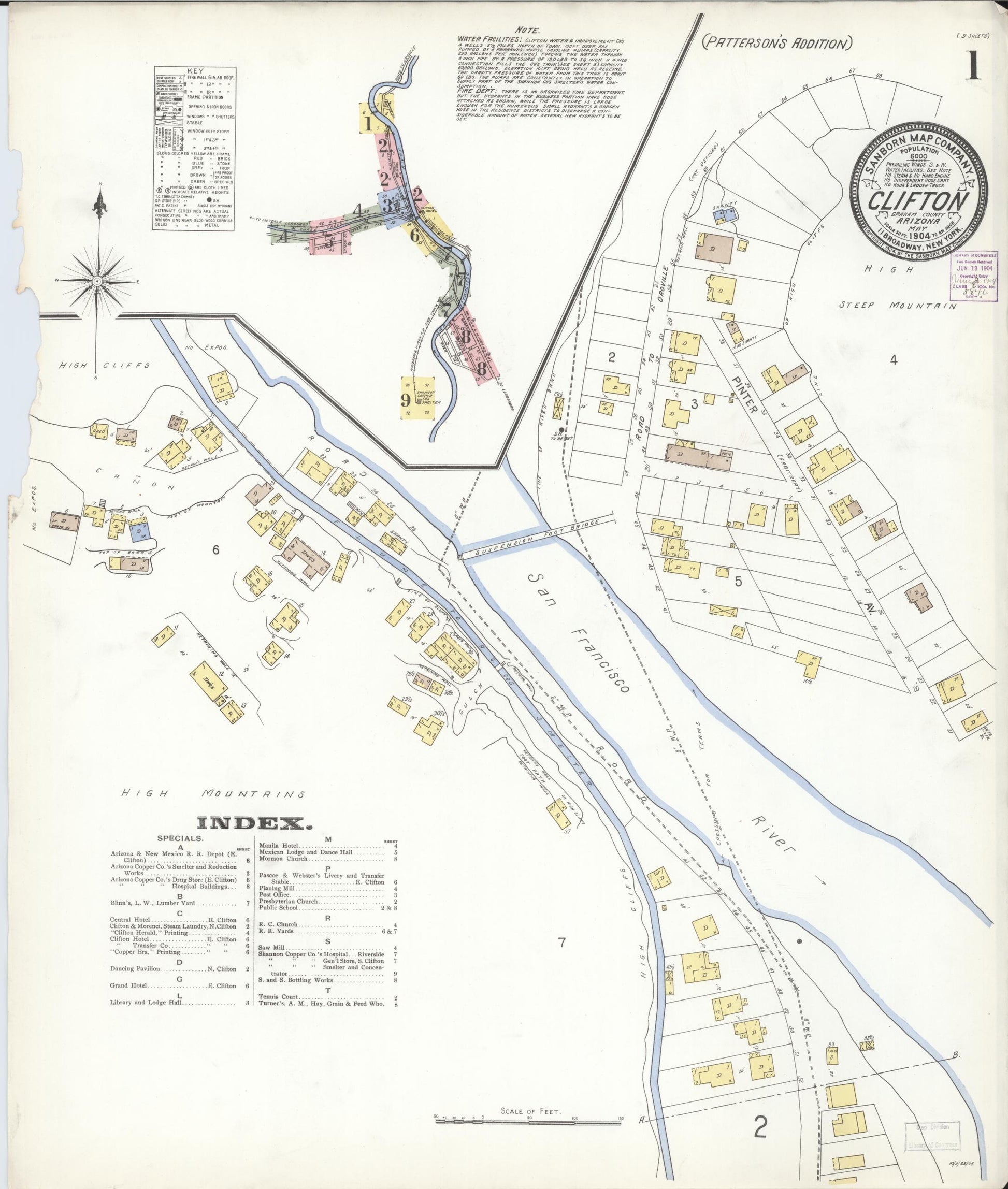 Sanborn Fire Insurance Map from Clifton, Greenlee County, Arizona (1904), Sheet #0001 - Historic Sanborn Fire Insurance Map Print, vintage old map wall art, antique decor, genealogy gift, Arizona Arizona map