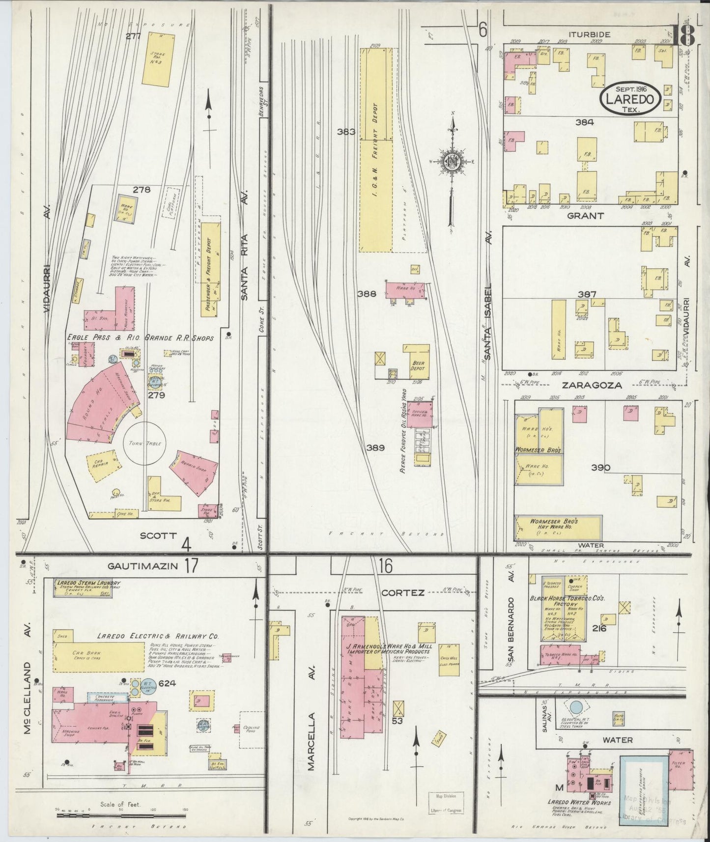 Sanborn Fire Insurance Map from Laredo, Webb County, Texas (1916), Sheet #0018 - Historic Sanborn Fire Insurance Map Print, vintage old map wall art, antique decor, genealogy gift, Texas Texas map