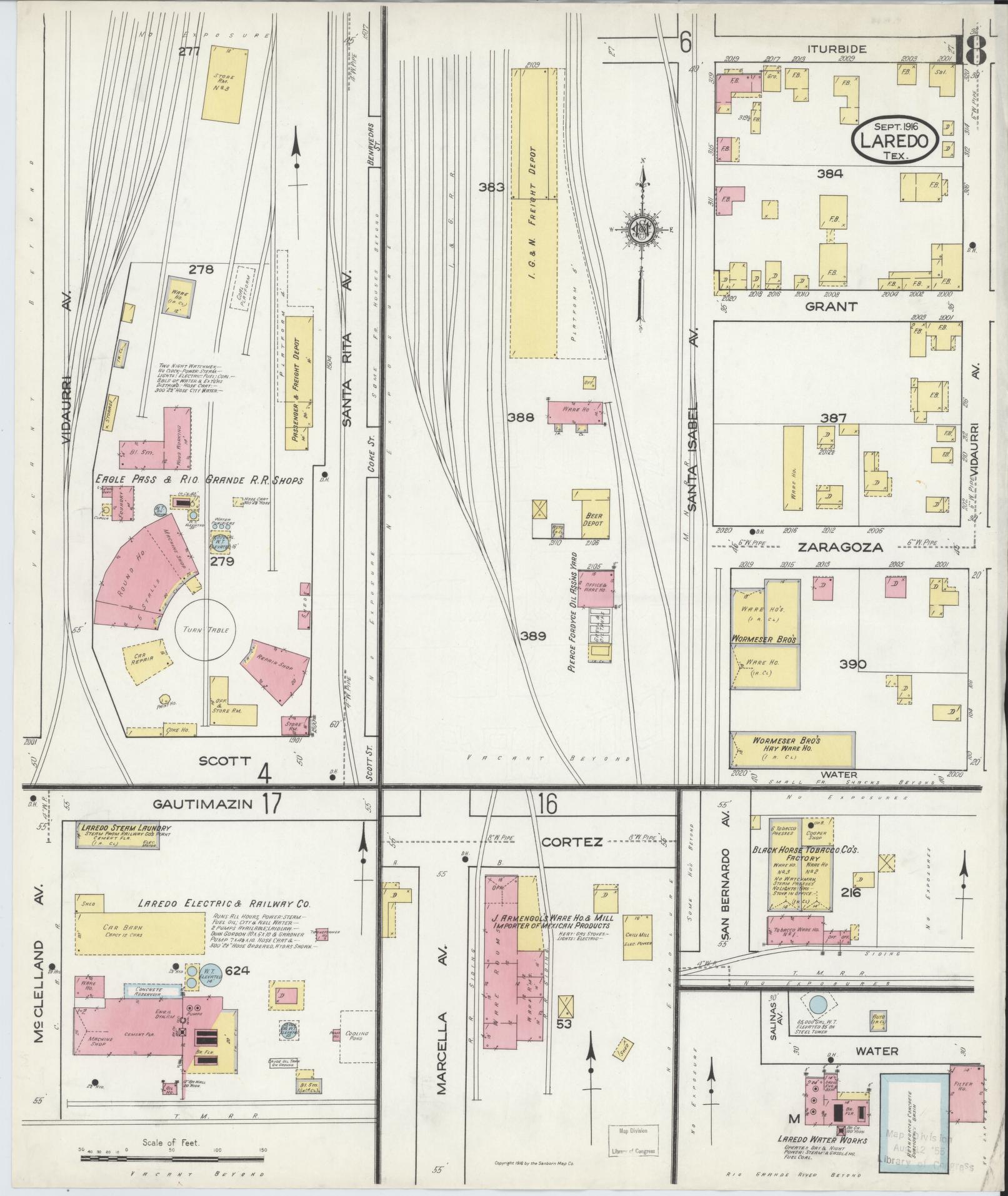 Sanborn Fire Insurance Map from Laredo, Webb County, Texas (1916), Sheet #0018 - Historic Sanborn Fire Insurance Map Print, vintage old map wall art, antique decor, genealogy gift, Texas Texas map