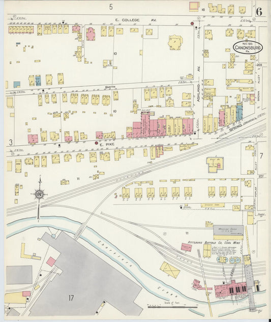 Sanborn Fire Insurance Map from Canonsburg, Washington County, Pennsylvania (1913), Sheet #0006 - Historic Sanborn Fire Insurance Map Print, vintage old map wall art, antique decor, genealogy gift, Pennsylvania Pennsylvania map