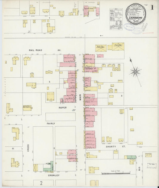 Sanborn Fire Insurance Map from Laurinburg, Scotland County, North Carolina (1898), Sheet #0001 - Historic Sanborn Fire Insurance Map Print, vintage old map wall art, antique decor, genealogy gift, North Carolina North Carolina map