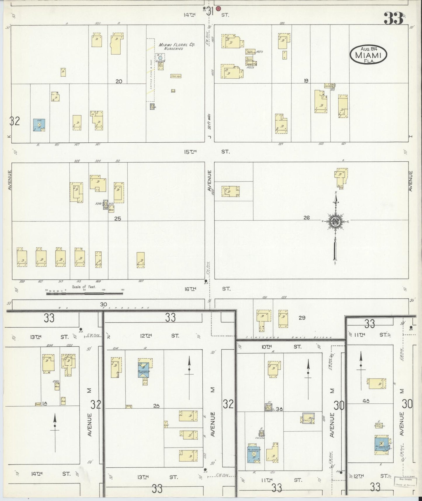 Sanborn Fire Insurance Map from Miami, Dade County, Florida (1914), Sheet #0033 - Complete Map Set gallery image, historic Sanborn map, vintage wall art, Florida Florida