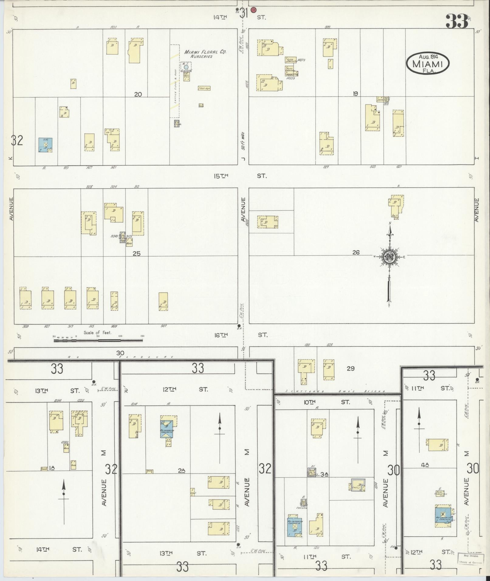 Sanborn Fire Insurance Map from Miami, Dade County, Florida (1914), Sheet #0033 - Complete Map Set gallery image, historic Sanborn map, vintage wall art, Florida Florida