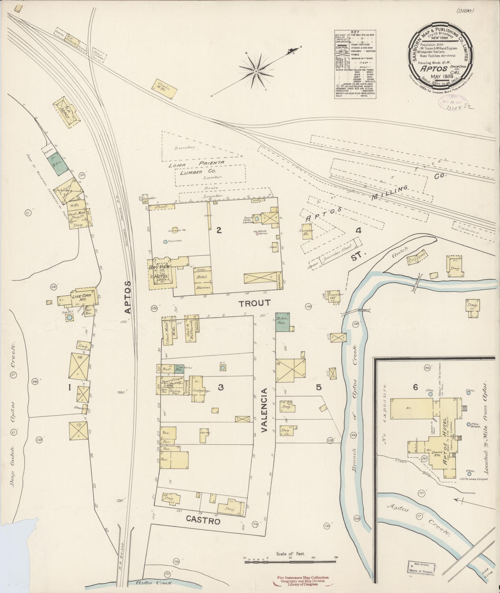 Sanborn Fire Insurance Map from Aptos, Santa Cruz County, California (1888), Sheet #0001 - Historic Sanborn Fire Insurance Map Print, vintage old map wall art, antique decor, genealogy gift, California California map