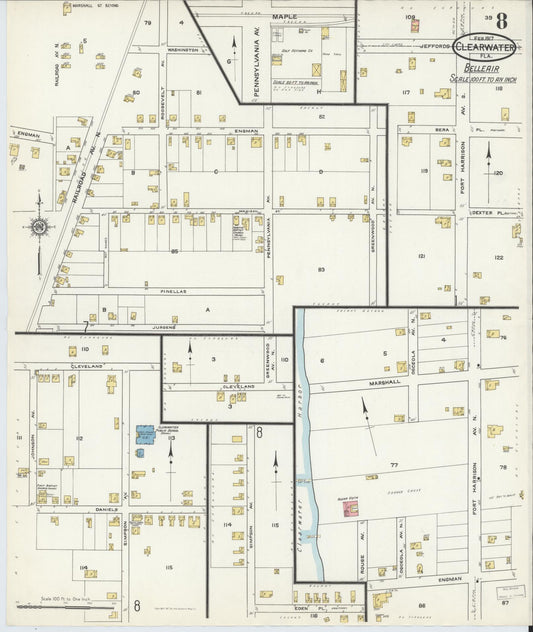 Sanborn Fire Insurance Map from Clearwater, Pinellas County, Florida (1917), Sheet #0008 - Historic Sanborn Fire Insurance Map Print, vintage old map wall art, antique decor, genealogy gift, Florida Florida map