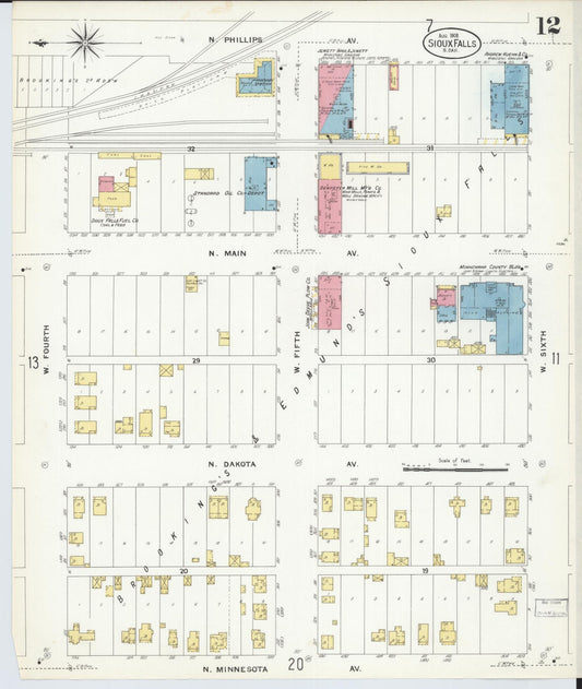 Sanborn Fire Insurance Map from Sioux Falls, Minnehaha County, South Dakota (1908), Sheet #0012 - Historic Sanborn Fire Insurance Map Print, vintage old map wall art, antique decor, genealogy gift, South Dakota South Dakota map