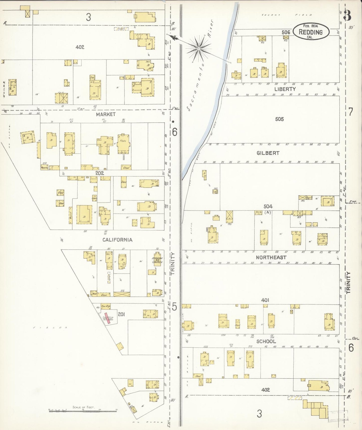 Sanborn Fire Insurance Map from Redding, Shasta County, California (1904), Sheet #0003 - Complete Map Set gallery image, historic Sanborn map, vintage wall art, California California
