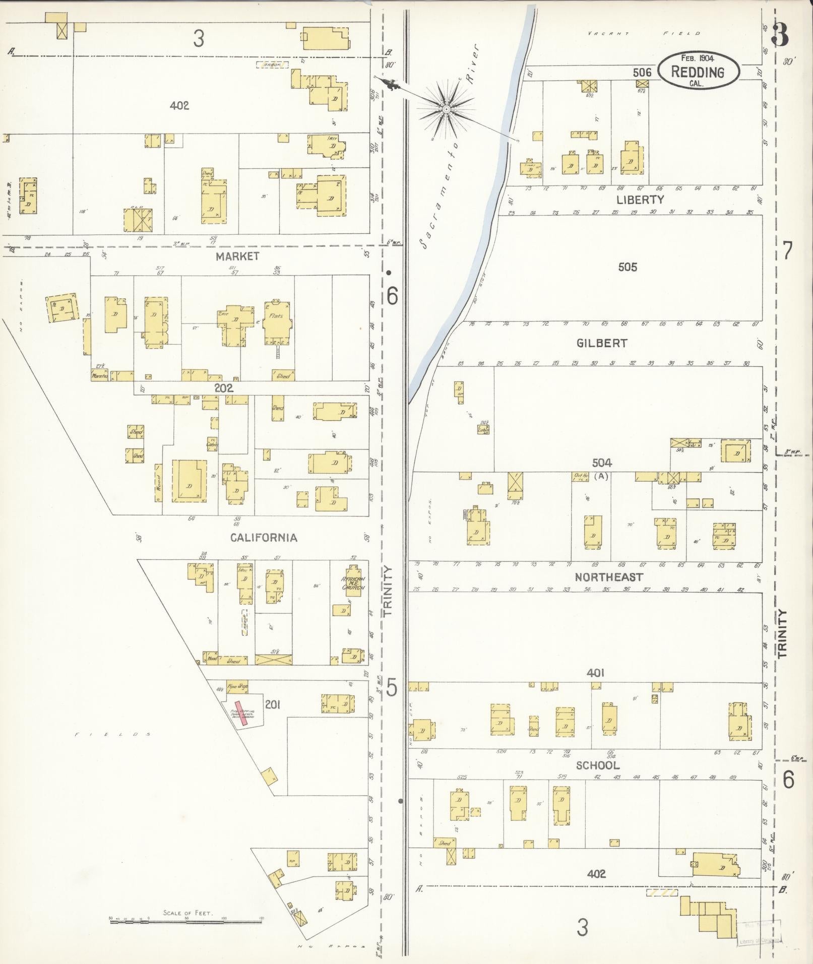 Sanborn Fire Insurance Map from Redding, Shasta County, California (1904), Sheet #0003 - Complete Map Set gallery image, historic Sanborn map, vintage wall art, California California