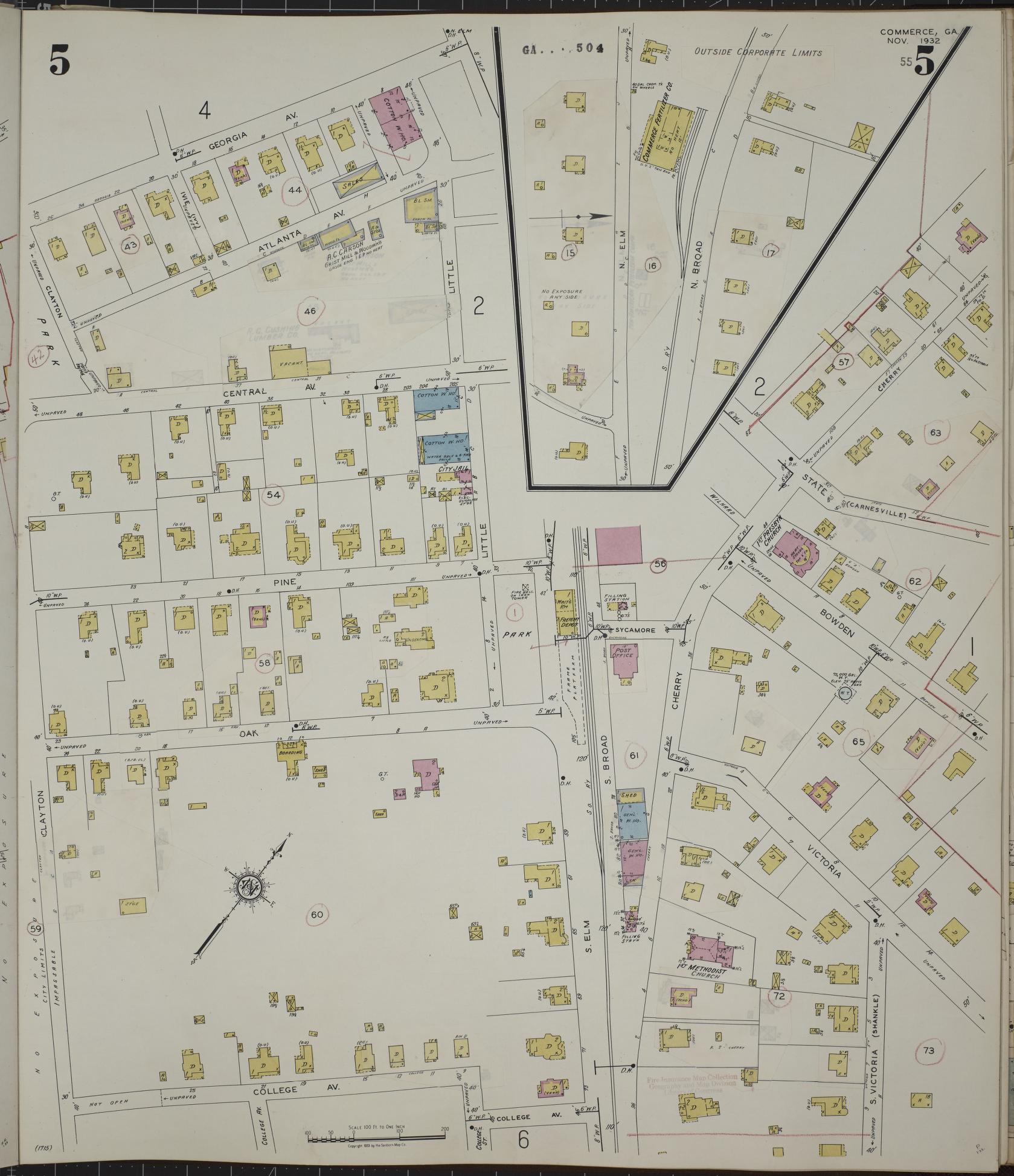 Sanborn Fire Insurance Map from Commerce, Jackson County, Georgia (1943), Sheet #0005 - Historic Sanborn Fire Insurance Map Print, vintage old map wall art, antique decor, genealogy gift, Georgia Georgia map