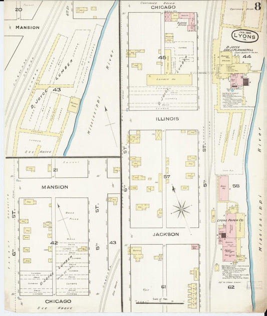 Sanborn Fire Insurance Map from Lyons, Clinton County, Iowa (1886), Sheet #0008 - Historic Sanborn Fire Insurance Map Print, vintage old map wall art