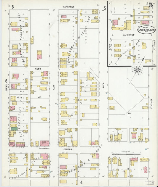 Sanborn Fire Insurance Map from Lawrenceburg, Dearborn County, Indiana (1902), Sheet #0005 - Historic Sanborn Fire Insurance Map Print, vintage old map wall art, antique decor, genealogy gift, Indiana Indiana map