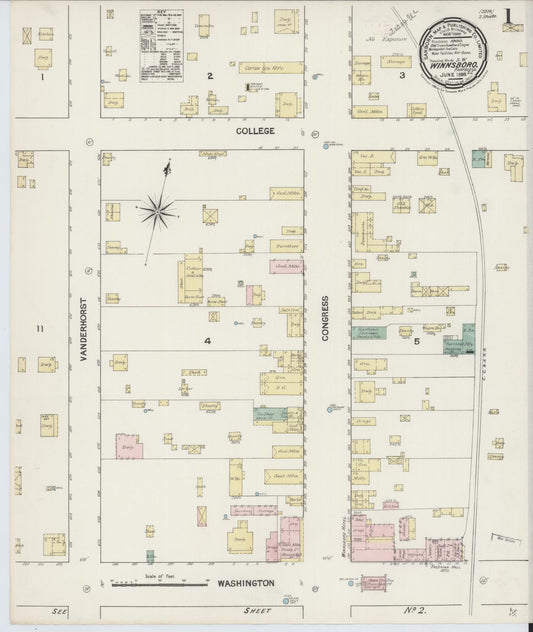 Sanborn Fire Insurance Map from Winnsboro, Fairfield County, South Carolina (1889), Sheet #0001 - Complete Map Set gallery image, historic Sanborn map, vintage wall art, South Carolina South Carolina