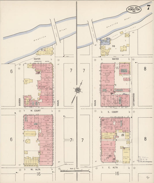Sanborn Fire Insurance Map from Pendleton, Umatilla County, Oregon (1910), Sheet #0007 - Historic Sanborn Fire Insurance Map Print, vintage old map wall art, antique decor, genealogy gift, Oregon Oregon map