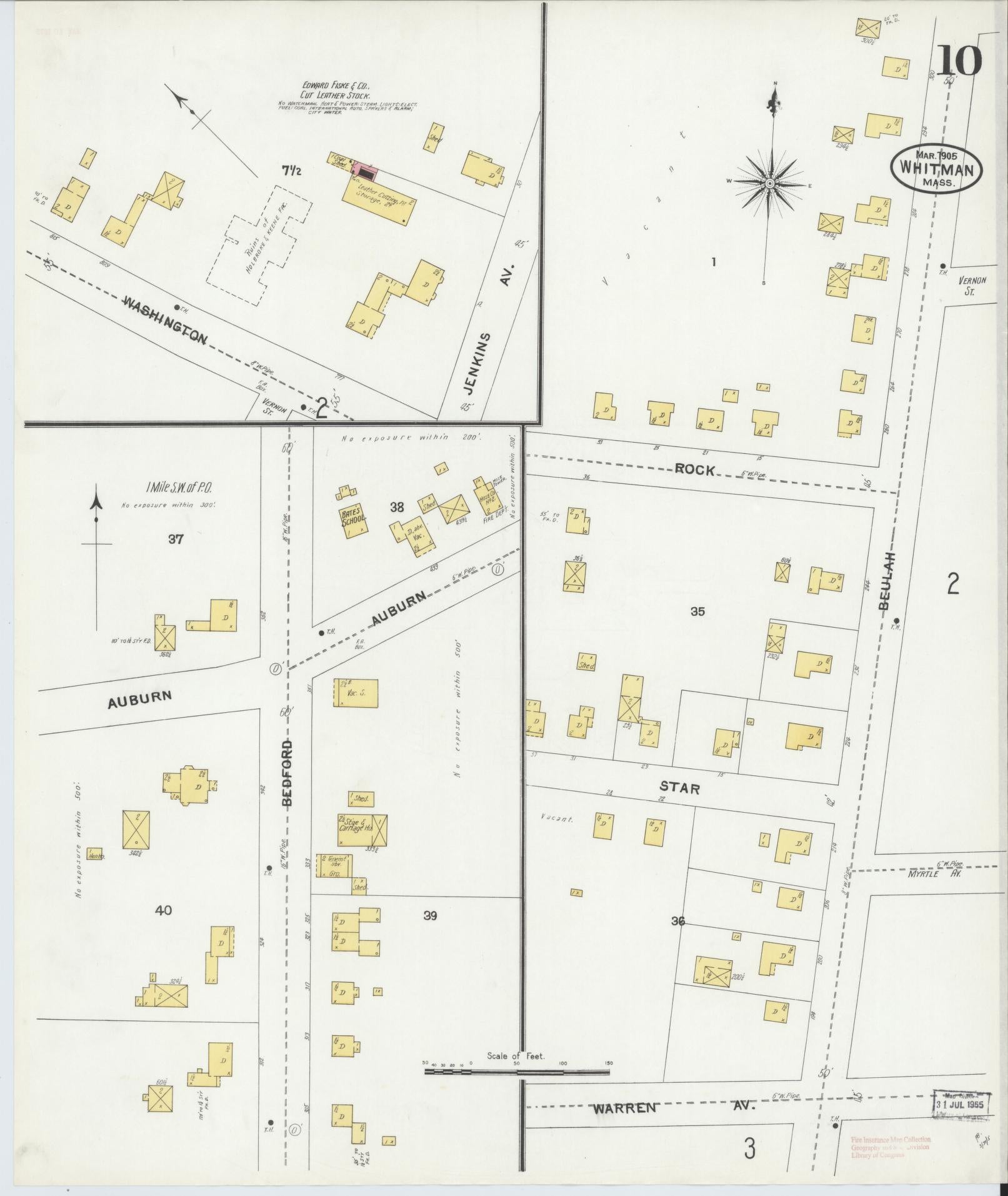 Sanborn Fire Insurance Map from Whitman, Plymouth County, Massachusetts (1905), Sheet #0010 - Complete Map Set gallery image, historic Sanborn map, vintage wall art, Massachusetts Massachusetts