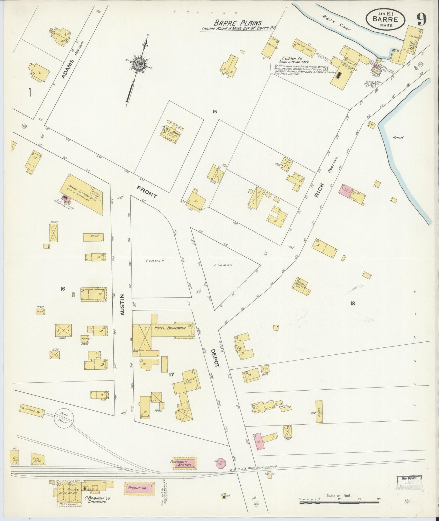 Sanborn Fire Insurance Map from Barre, Worcester County, Massachusetts (1911), Sheet #0009 - Complete Map Set gallery image, historic Sanborn map, vintage wall art, Massachusetts Massachusetts