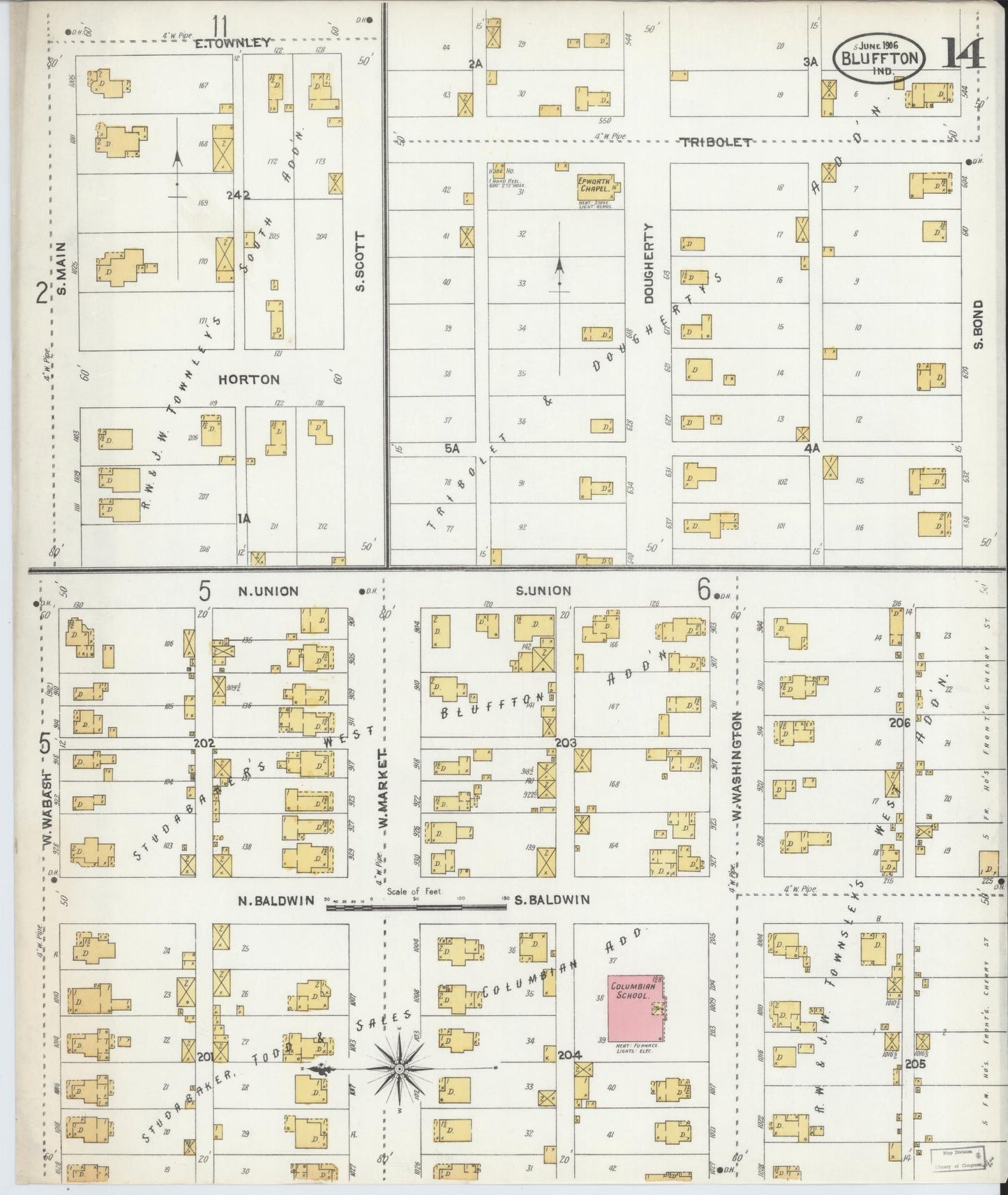 Sanborn Fire Insurance Map from Bluffton, Wells County, Indiana (1906), Sheet #0014 - Complete Map Set gallery image, historic Sanborn map, vintage wall art, Indiana Indiana