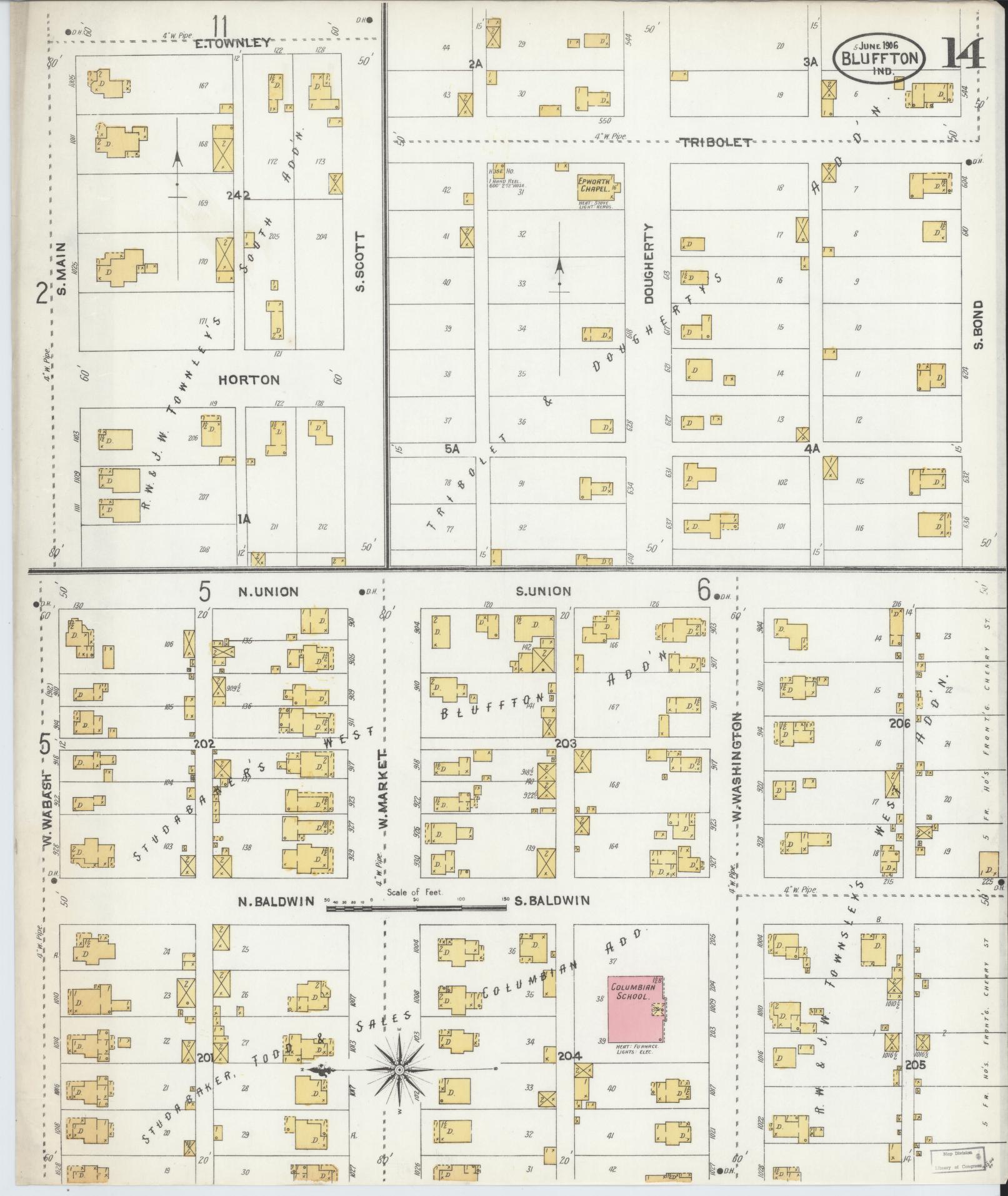 Sanborn Fire Insurance Map from Bluffton, Wells County, Indiana (1906), Sheet #0014 - Complete Map Set gallery image, historic Sanborn map, vintage wall art, Indiana Indiana