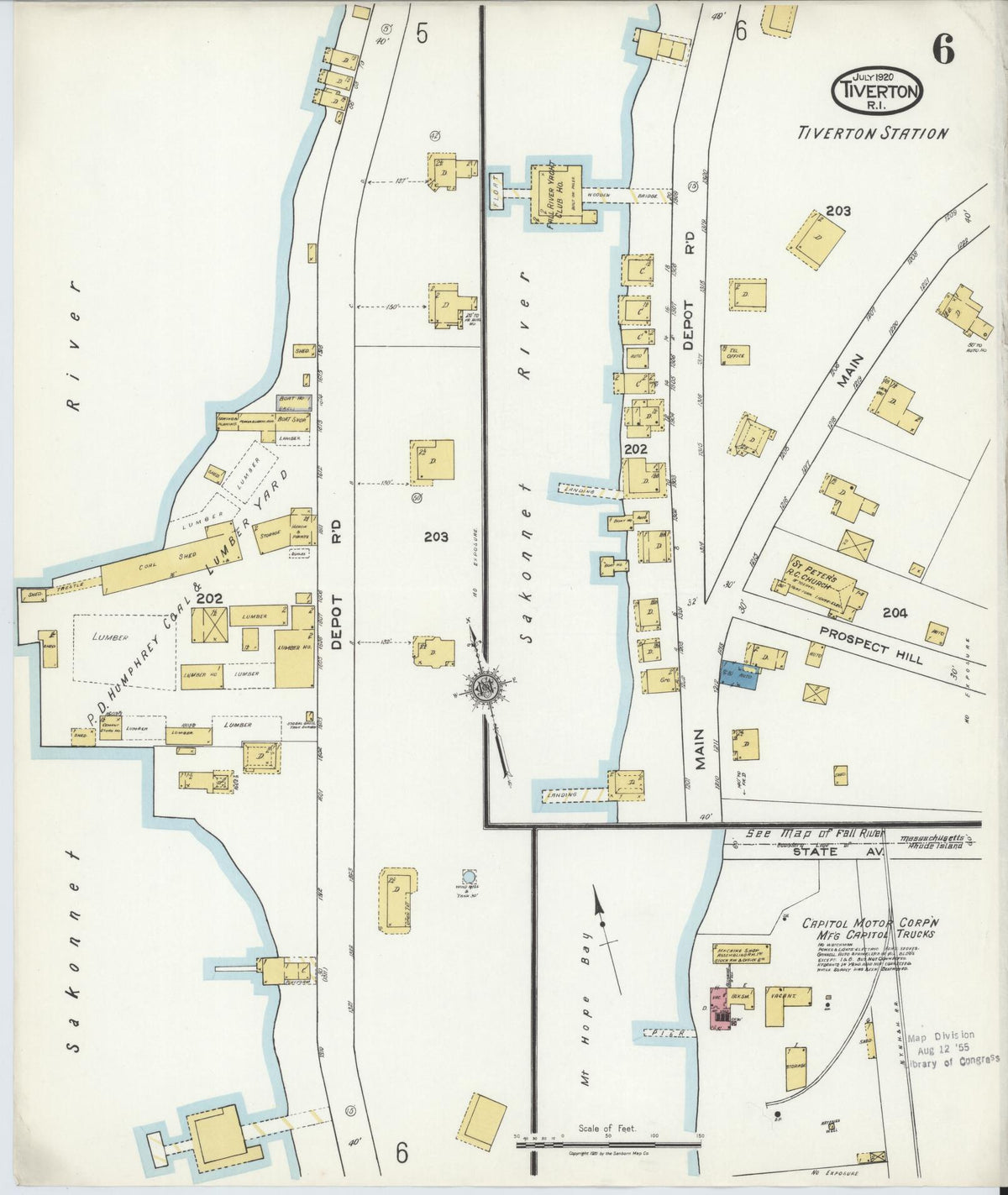 Sanborn Fire Insurance Map from Tiverton, Newport County, Rhode Island (1920), Sheet #0006 - Complete Map Set gallery image, historic Sanborn map, vintage wall art, Rhode Island Rhode Island