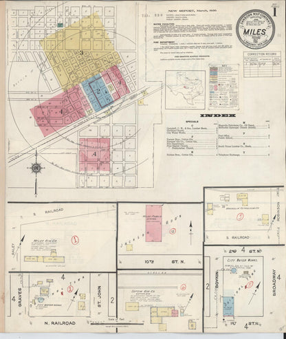 Sanborn Fire Insurance Map from Miles, Runnels County, Texas (1936), Sheet #0001 - Historic Sanborn Fire Insurance Map Print, vintage old map wall art, antique decor, genealogy gift, Texas Texas map