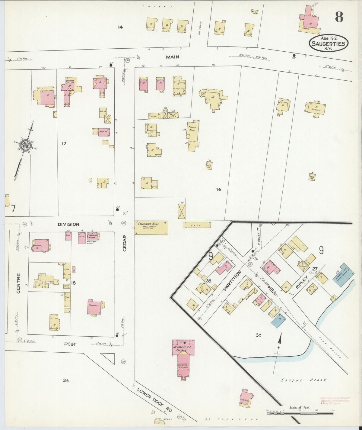 Sanborn Fire Insurance Map from Saugerties, Ulster County, New York (1912), Sheet #0008 - Complete Map Set gallery image, historic Sanborn map, vintage wall art, New York New York