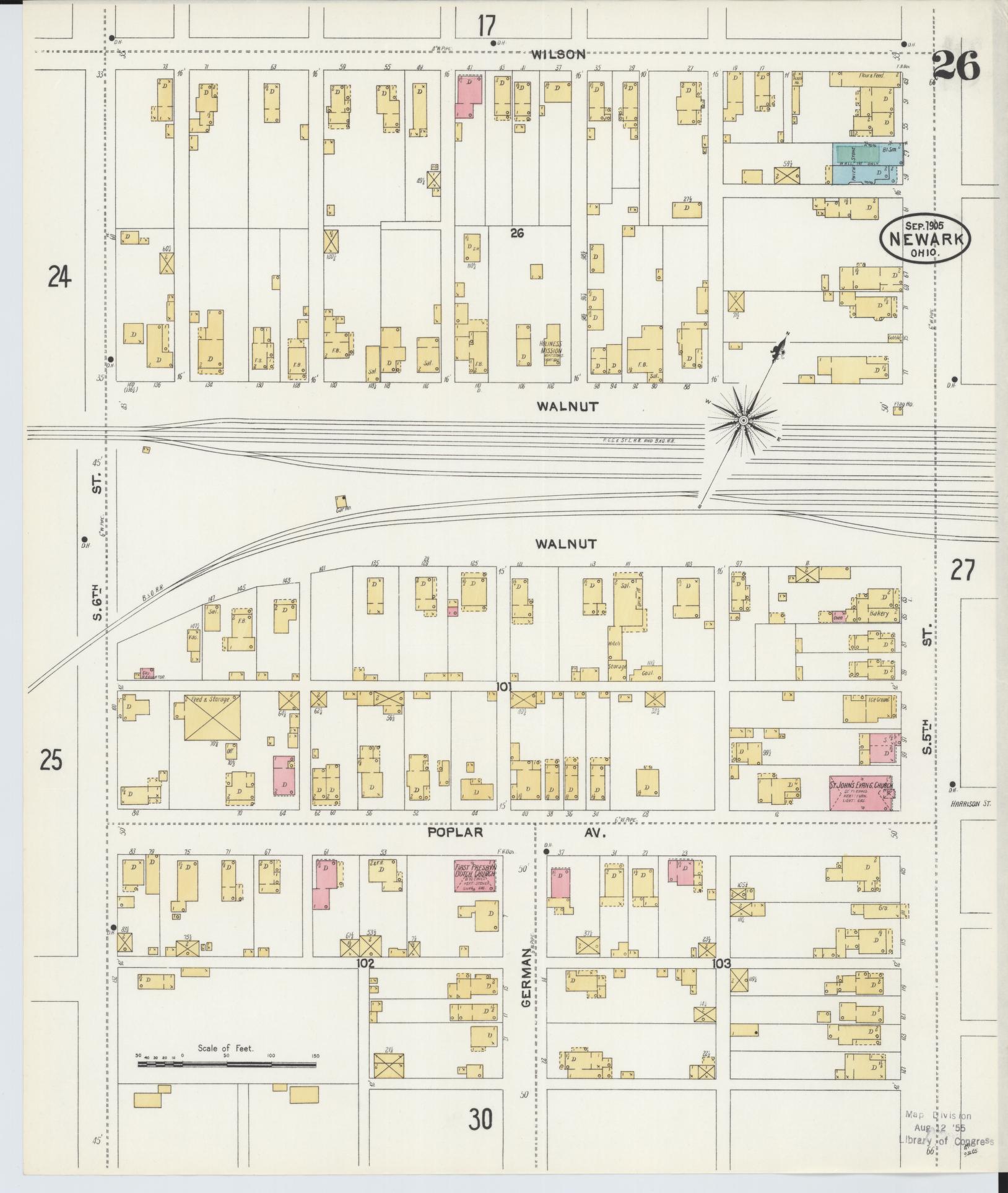 Sanborn Fire Insurance Map from Newark, Licking County, Ohio (1905), Sheet #0026 - Complete Map Set gallery image, historic Sanborn map, vintage wall art, Ohio Ohio