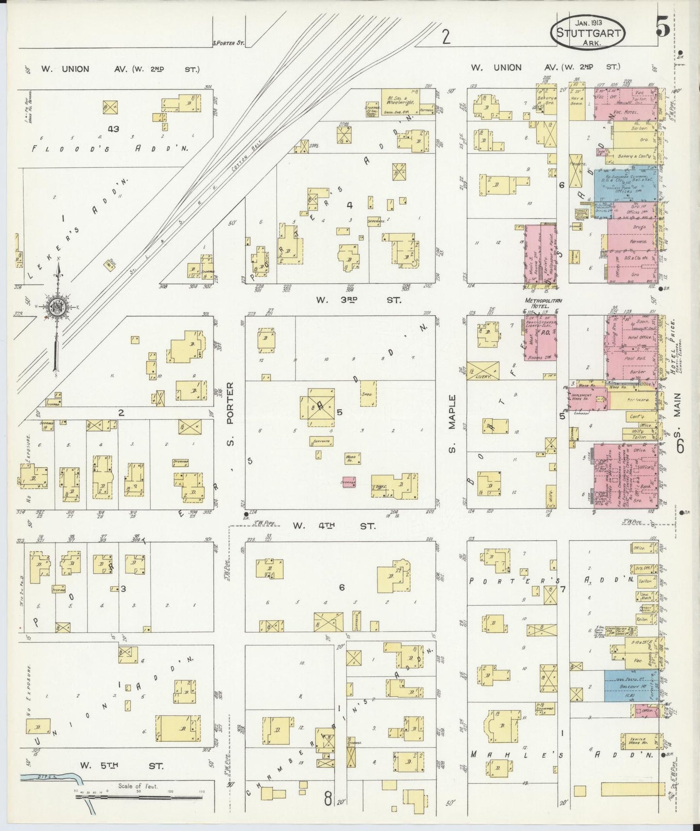 Sanborn Fire Insurance Map from Stuttgart, Arkansas County, Arkansas (1913), Sheet #0005 - Historic Sanborn Fire Insurance Map Print, vintage old map wall art, antique decor, genealogy gift, Stuttgart Arkansas map