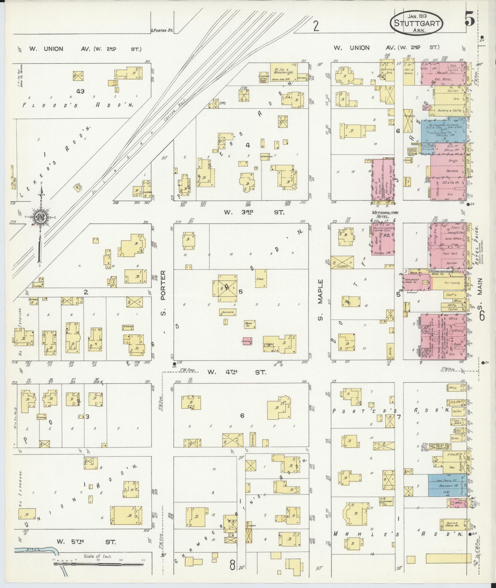 Sanborn Fire Insurance Map from Stuttgart, Arkansas County, Arkansas (1913), Sheet #0005 - Historic Sanborn Fire Insurance Map Print, vintage old map wall art, antique decor, genealogy gift, Stuttgart Arkansas map