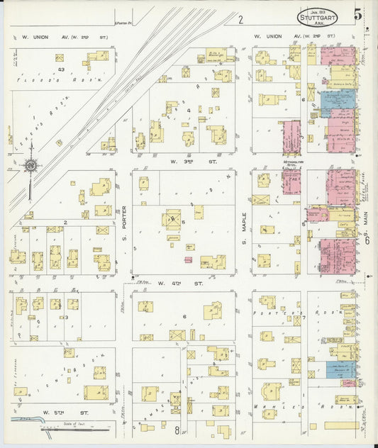 Sanborn Fire Insurance Map from Stuttgart, Arkansas County, Arkansas (1913), Sheet #0005 - Historic Sanborn Fire Insurance Map Print, vintage old map wall art, antique decor, genealogy gift, Stuttgart Arkansas map
