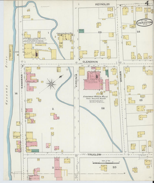 Sanborn Fire Insurance Map from Charleston, Kanawha County, West Virginia (1893), Sheet #0004 - Historic Sanborn Fire Insurance Map Print, vintage old map wall art, antique decor, genealogy gift, West Virginia West Virginia map