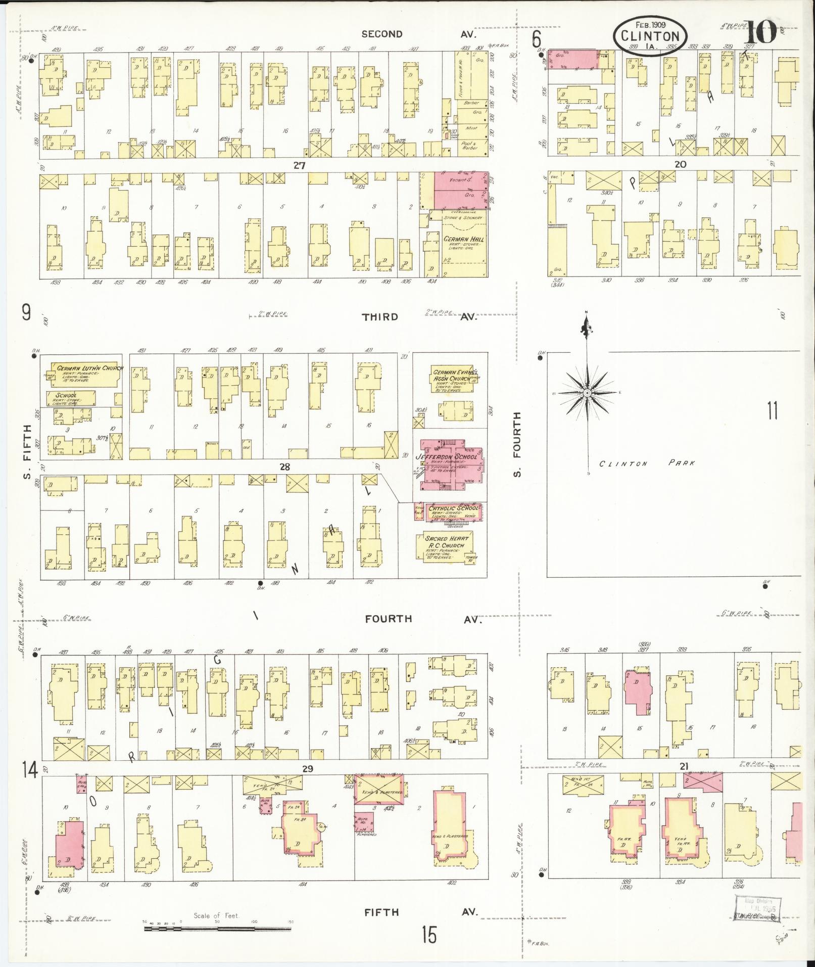 Sanborn Fire Insurance Map from Clinton, Clinton County, Iowa (1909), Sheet #0010 - Historic Sanborn Fire Insurance Map Print, vintage old map wall art