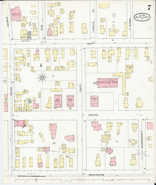 Sanborn Fire Insurance Map from Rutland, Rutland County, Vermont (1895), Sheet #0007 - Historic Sanborn Fire Insurance Map Print, vintage old map wall art, antique decor, genealogy gift, Vermont Vermont map