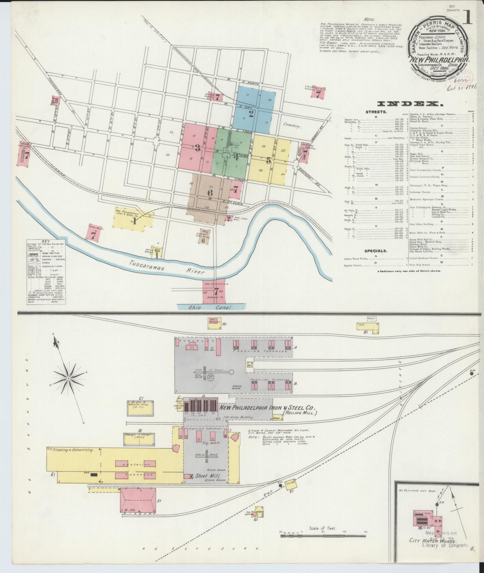 Sanborn Fire Insurance Map from New Philadelphia, Tuscarawas County, Ohio (1896), Sheet #0001 - Complete Map Set gallery image, historic Sanborn map, vintage wall art, Ohio Ohio