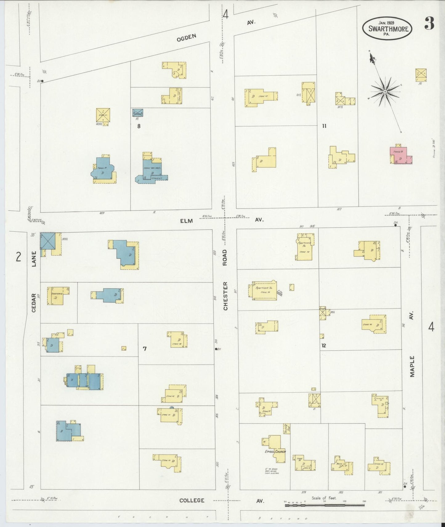 Sanborn Fire Insurance Map from Swarthmore, Delaware County, Pennsylvania (1909), Sheet #0003 - Historic Sanborn Fire Insurance Map Print, vintage old map wall art, antique decor, genealogy gift, Pennsylvania Pennsylvania map