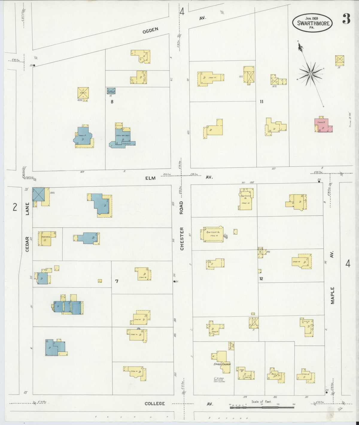 Sanborn Fire Insurance Map from Swarthmore, Delaware County, Pennsylvania (1909), Sheet #0003 - Historic Sanborn Fire Insurance Map Print, vintage old map wall art, antique decor, genealogy gift, Pennsylvania Pennsylvania map