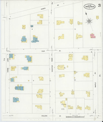 Sanborn Fire Insurance Map from Swarthmore, Delaware County, Pennsylvania (1909), Sheet #0003 - Historic Sanborn Fire Insurance Map Print, vintage old map wall art, antique decor, genealogy gift, Pennsylvania Pennsylvania map