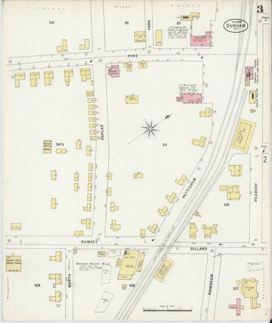 Sanborn Fire Insurance Map from Durham, Durham County, North Carolina (1898), Sheet #0003 - Historic Sanborn Fire Insurance Map Print, vintage old map wall art, antique decor, genealogy gift, North Carolina North Carolina map