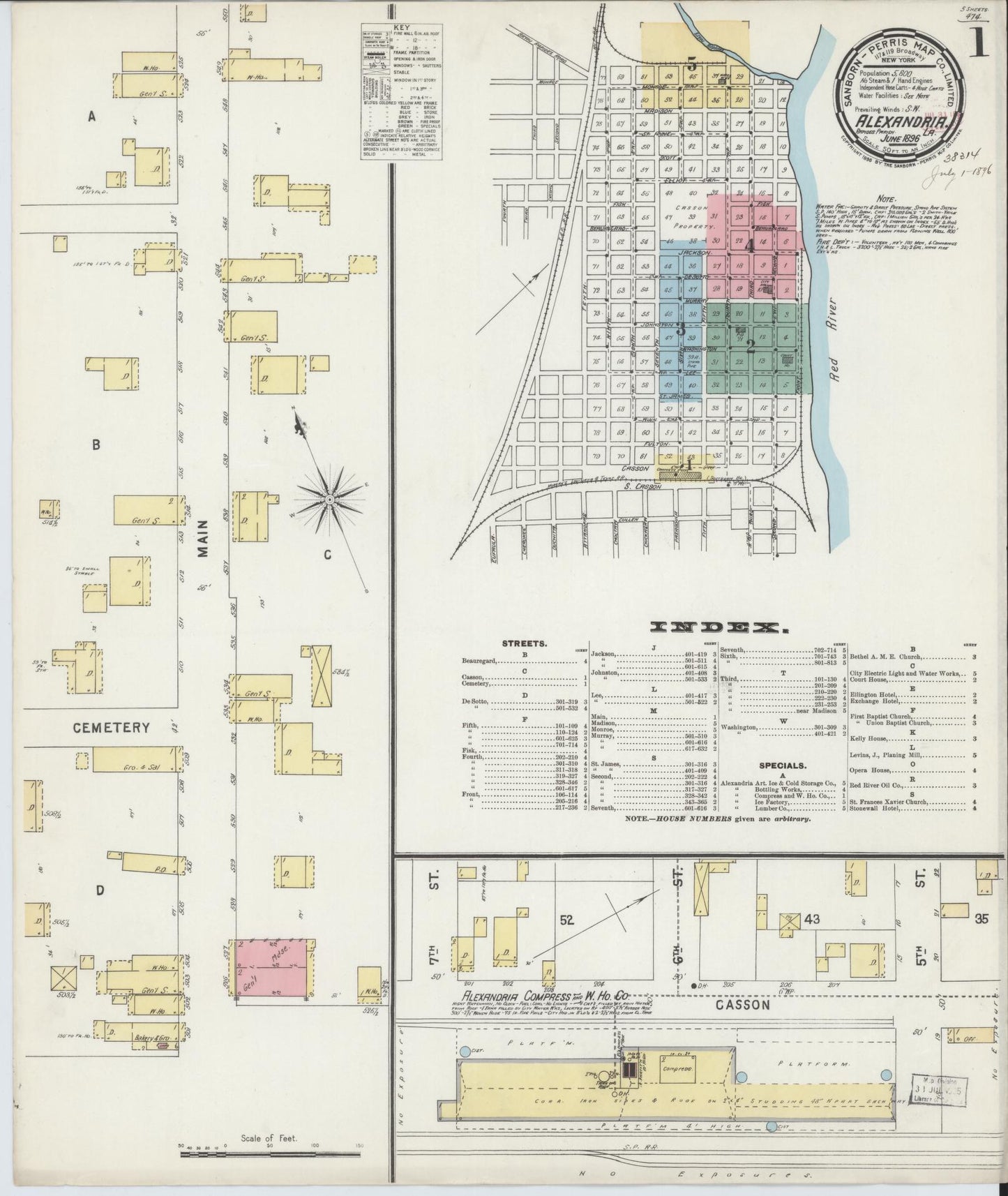 Sanborn Fire Insurance Map from Alexandria, Rapides Parish, Louisiana (1896), Sheet #0001 - Complete Map Set gallery image, historic Sanborn map, vintage wall art, Louisiana Louisiana