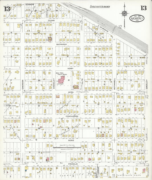 Sanborn Fire Insurance Map from Moberly, Randolph County, Missouri (1923), Sheet #0013 - Historic Sanborn Fire Insurance Map Print, vintage old map wall art, antique decor, genealogy gift, Missouri Missouri map