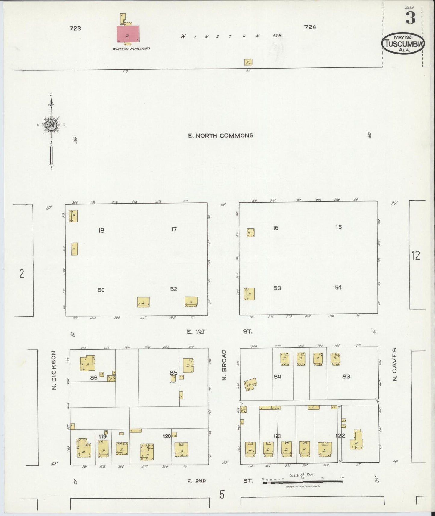 Sanborn Fire Insurance Map from Tuscumbia, Colbert County, Alabama (1921), Sheet #0003 - Complete Map Set gallery image, historic Sanborn map, vintage wall art, Alabama Alabama