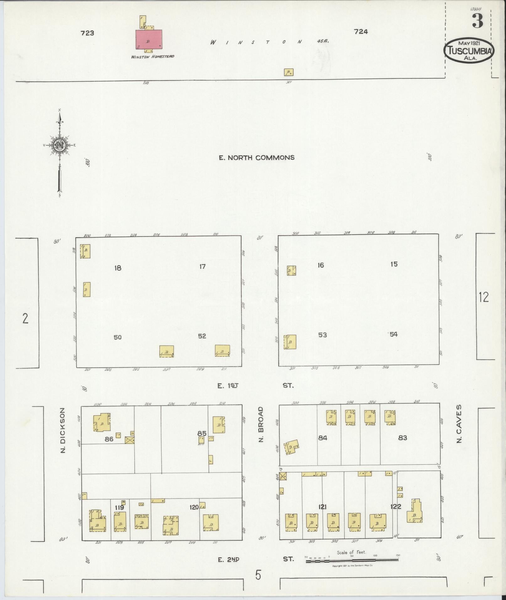 Sanborn Fire Insurance Map from Tuscumbia, Colbert County, Alabama (1921), Sheet #0003 - Complete Map Set gallery image, historic Sanborn map, vintage wall art, Alabama Alabama