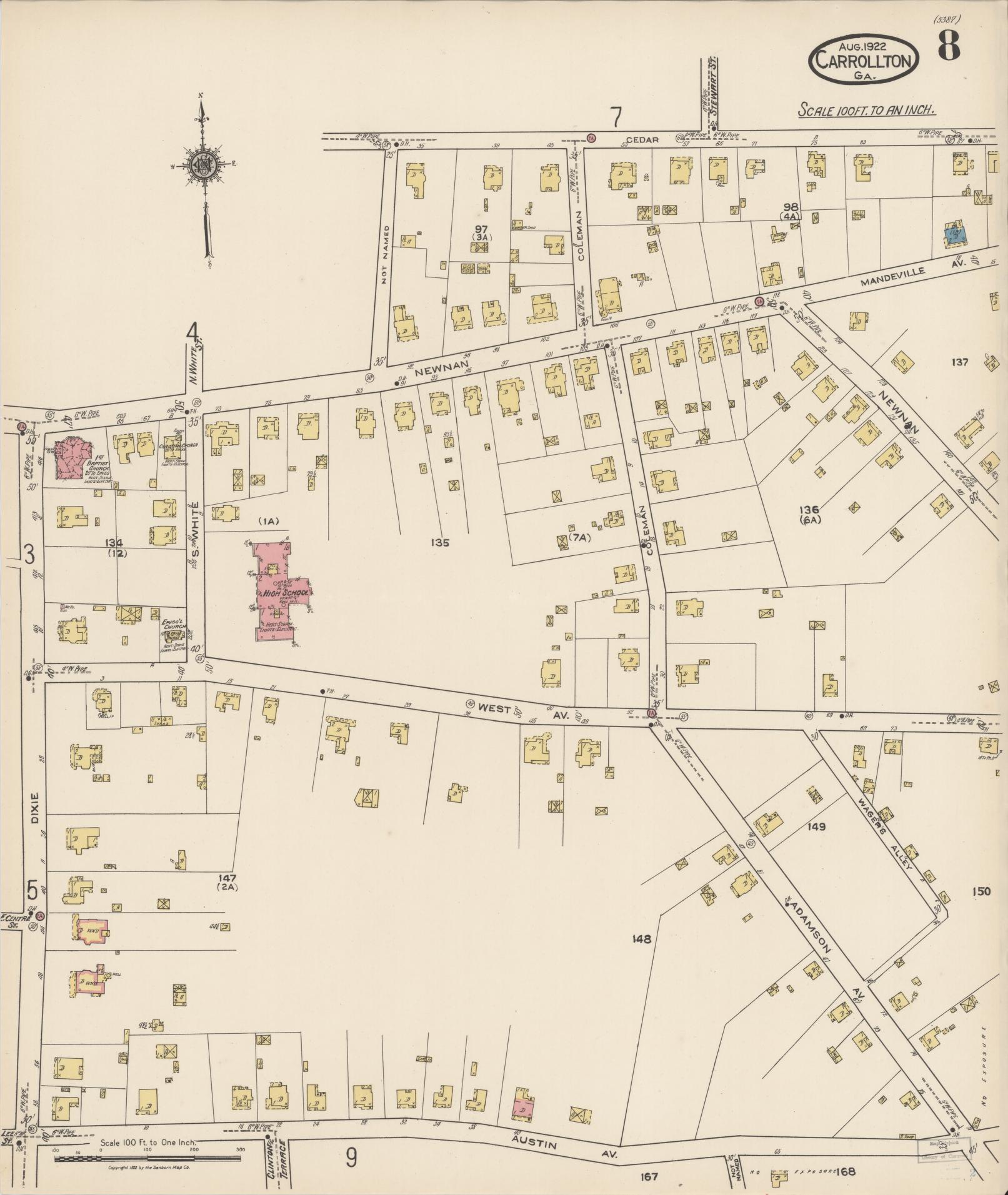 Sanborn Fire Insurance Map from Carrollton, Carroll County, Georgia (1922), Sheet #0008 - Complete Map Set gallery image, historic Sanborn map, vintage wall art, Georgia Georgia