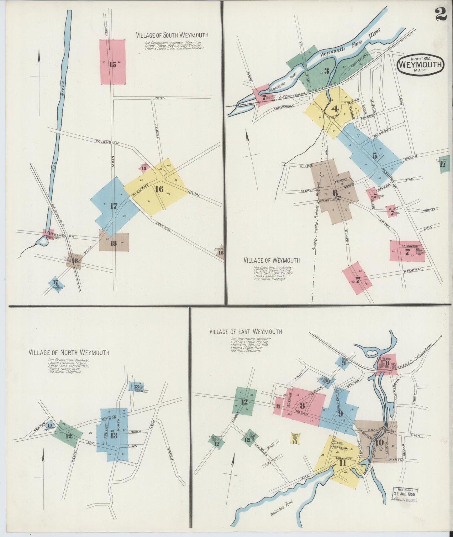 Sanborn Fire Insurance Map from Weymouth, Norfolk County, Massachusetts (1894), Sheet #0002 - Complete Map Set gallery image, historic Sanborn map, vintage wall art, Massachusetts Massachusetts