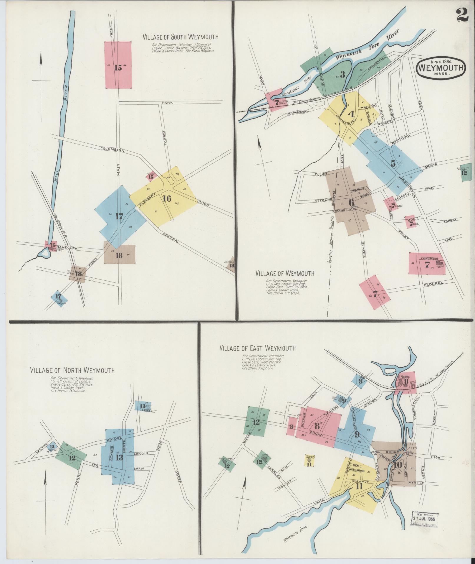 Sanborn Fire Insurance Map from Weymouth, Norfolk County, Massachusetts (1894), Sheet #0002 - Complete Map Set gallery image, historic Sanborn map, vintage wall art, Massachusetts Massachusetts
