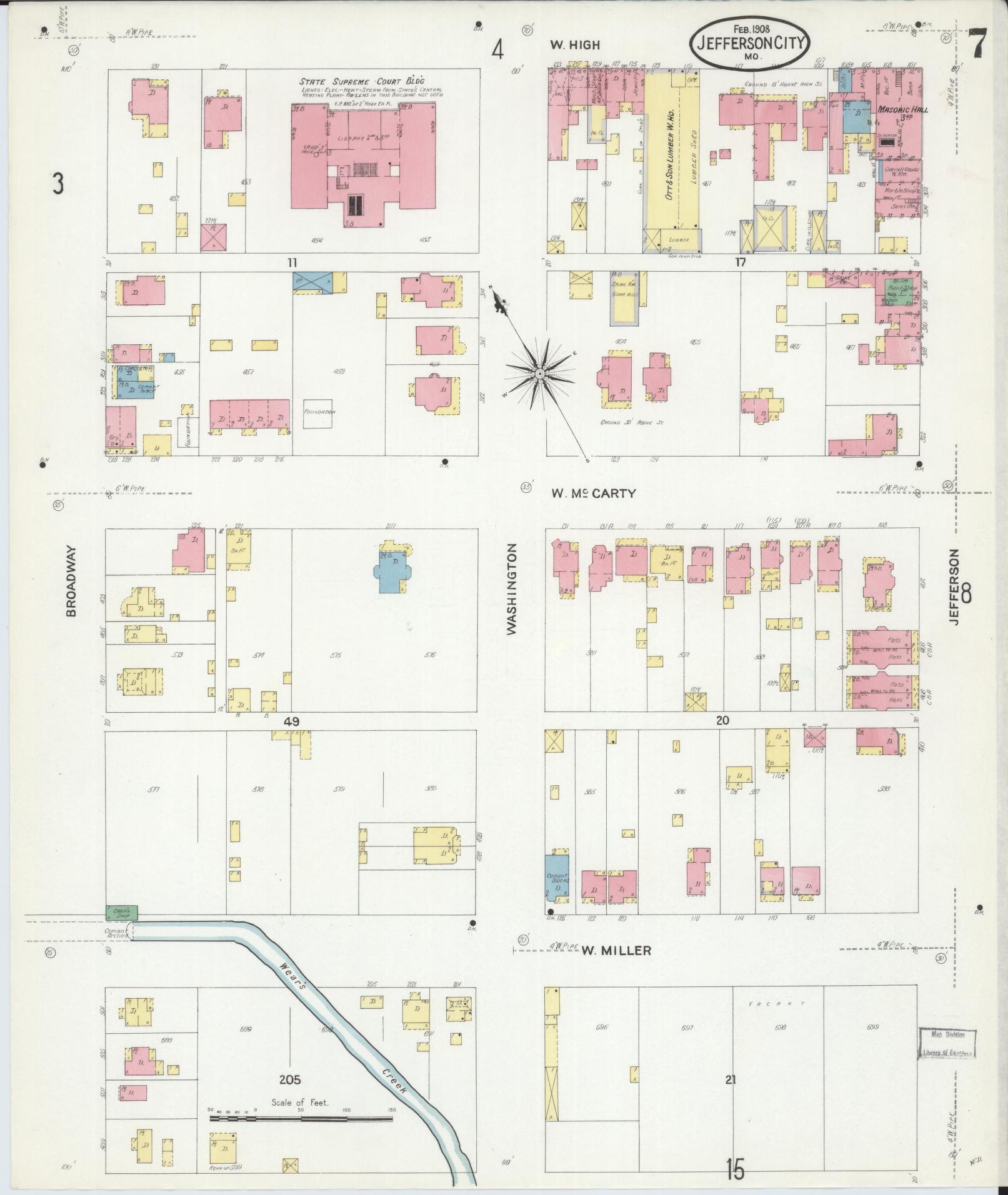 Sanborn Fire Insurance Map from Jefferson City, Cole County, Missouri (1908), Sheet #0007 - Historic Sanborn Fire Insurance Map Print, vintage old map wall art, antique decor, genealogy gift, Missouri Missouri map