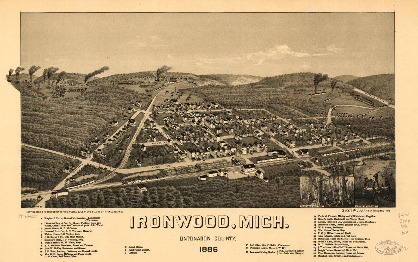 Ironwood, Mich., Ontonagon County 1886. (1886) – Historic Bird’s-Eye View Panorama Print
