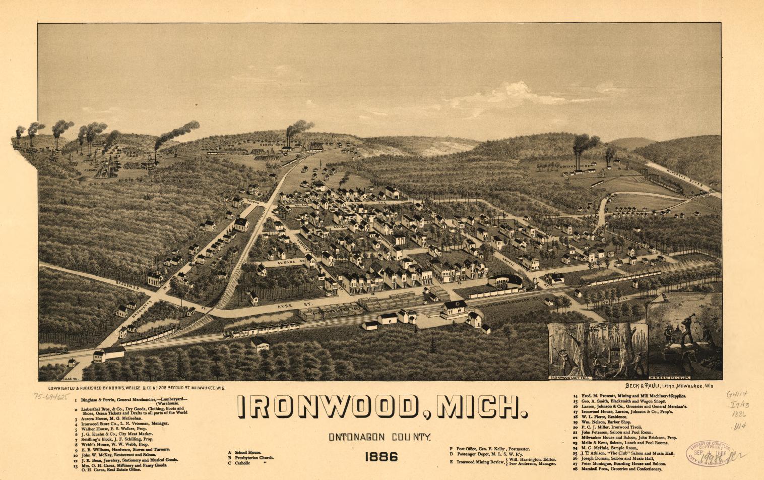 Ironwood, Mich., Ontonagon County 1886. (1886) – Historic Bird’s-Eye View Panorama Print
