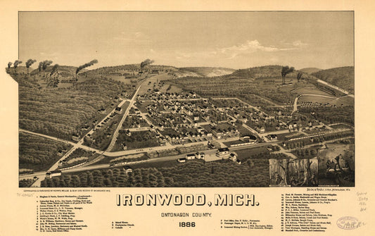 Ironwood, Mich., Ontonagon County 1886. (1886) – Historic Bird’s-Eye View Panorama Print